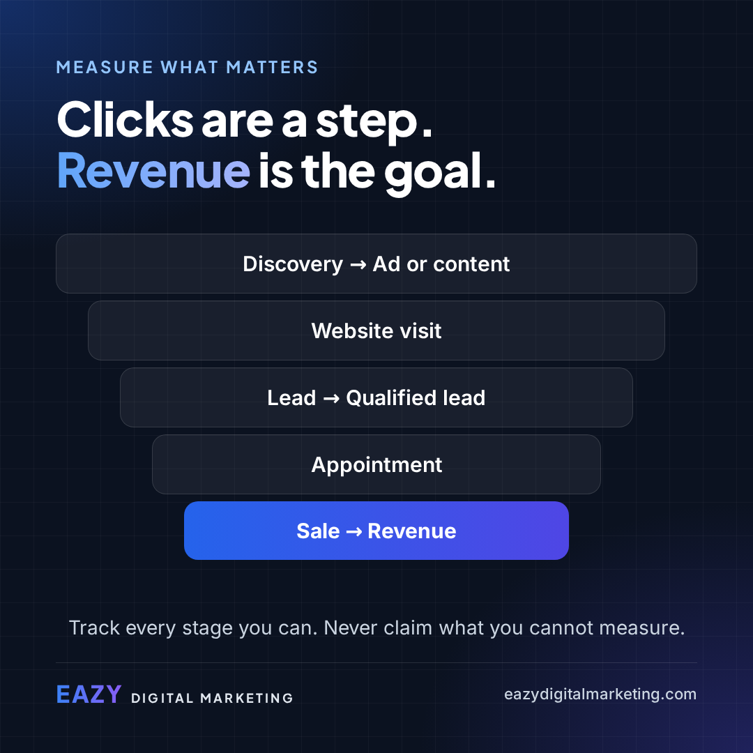 Funnel graphic: clicks are a step, revenue is the goal — discovery, ad or content, website visit, lead, qualified lead, appointment, sale and revenue. Track every stage you can.
